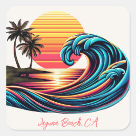 Pegatina Cuadrada Ola de surf Sunset Retro