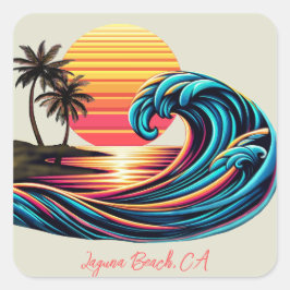 Pegatina Cuadrada Ola de surf Sunset Retro