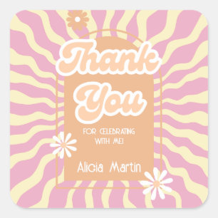 Pegatina Cuadrada Ola Retro Sun Daisy Groovy Brown Gracias