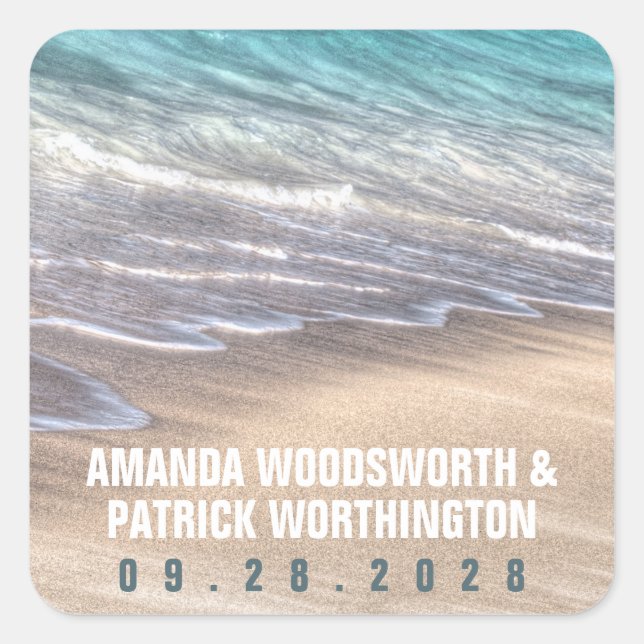 Pegatina Cuadrada Olas de playa de época y favor de la boda de arena (Anverso)
