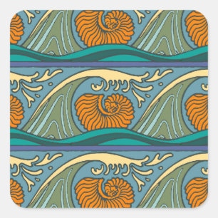 Pegatina Cuadrada Olas del océano azul Nautilus Seashell Pattern Nou