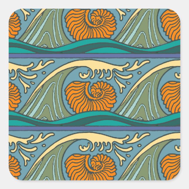 Pegatina Cuadrada Olas del océano azul Nautilus Seashell Pattern Nou (Anverso)