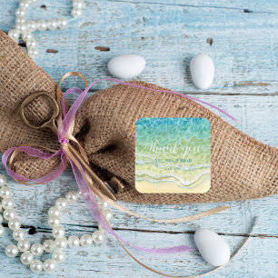Pegatina Cuadrada Olas del Océano Playa Acuarela Agradecimiento Boda