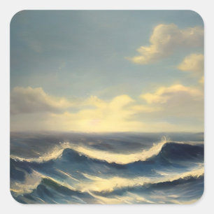 Pegatina Cuadrada olas oceánicas cielo nublado pintura náutica