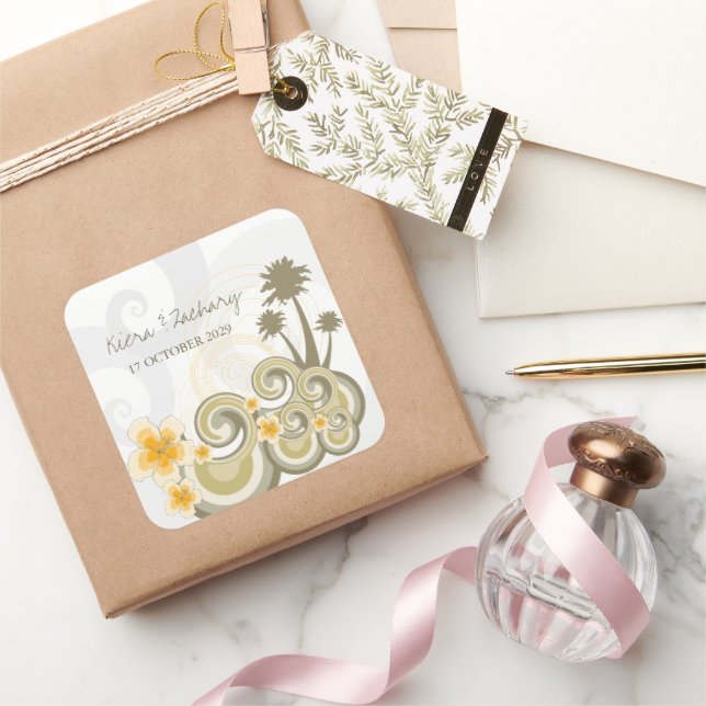 Pegatina Cuadrada Olas Tropicales Amarillo Hibiscus Boda de destino (Regalar)