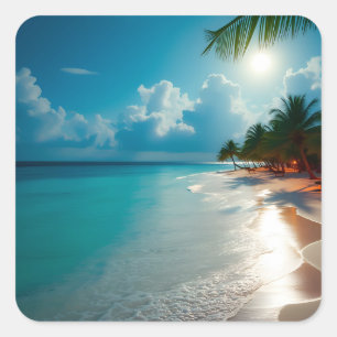 Pegatina Cuadrada Olas tropicales Playa azul cielo nublado