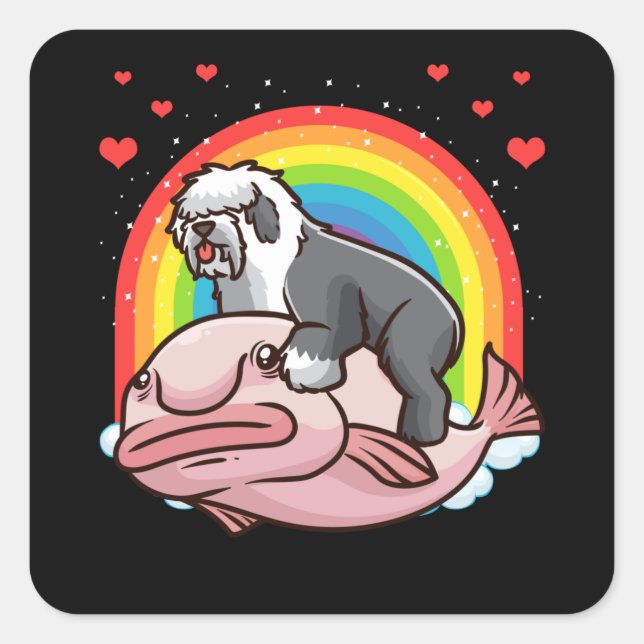 Pegatina Cuadrada Old English Sheepdog Bobtail Dog with Blobfish (Anverso)