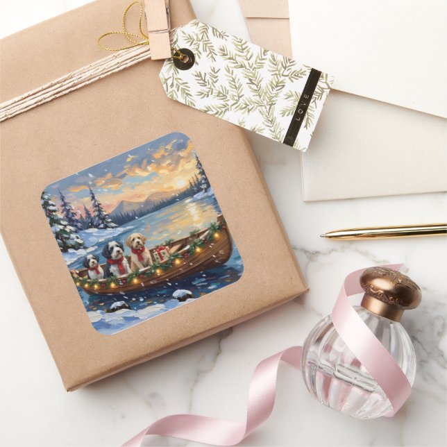 Pegatina Cuadrada Old English Sheepdog Christmas Boat Holiday (Regalar)