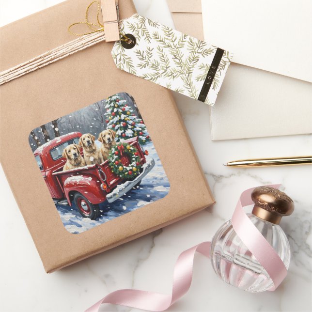 Pegatina Cuadrada Old English Sheepdog Christmas Red Truck Holiday (Regalar)