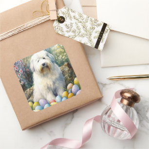 Pegatina Cuadrada Old English Sheepdog con huevos de Pascua festivos
