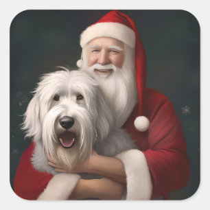 Pegatina Cuadrada Old English Sheepdog con Santa Claus Festivo