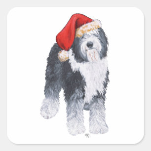 Pegatina Cuadrada Old English Sheepdog Gorro de Santa