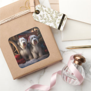 Pegatina Cuadrada Old English Sheepdog Nevado Trineo Navidad Decorac
