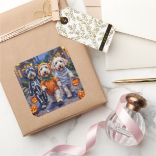 Pegatina Cuadrada Old English Sheepdogs haciendo 'trick-or-treat' en