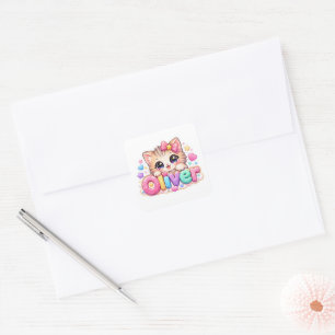 Pegatina Cuadrada Oliver Gato Kawaii Lindo Nombre Rosa Pastel Brilla