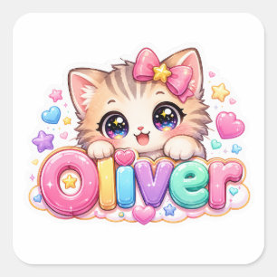 Pegatina Cuadrada Oliver Gato Kawaii Lindo Nombre Rosa Pastel Brilla