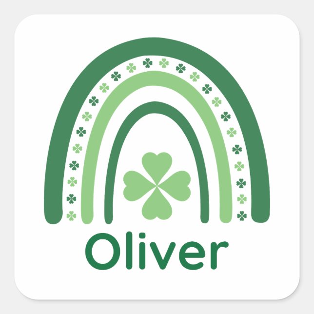Pegatina Cuadrada Oliver Name Clover Boho Rainbow (Anverso)