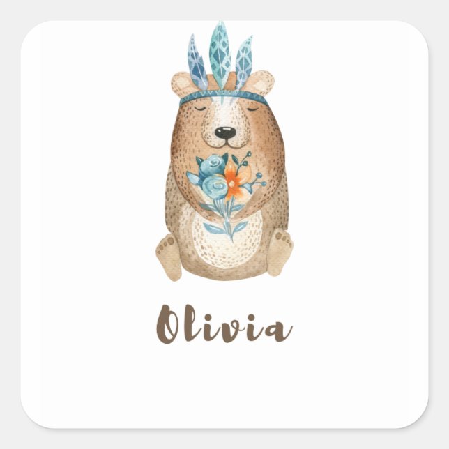 Pegatina Cuadrada Olivia Boho Bear (Anverso)