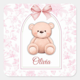 Pegatina Cuadrada Olivia | Diseño de guardería de osito rosado perso