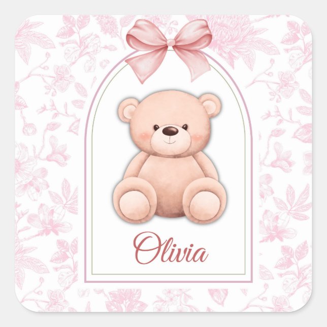 Pegatina Cuadrada Olivia | Diseño de guardería de osito rosado perso (Anverso)