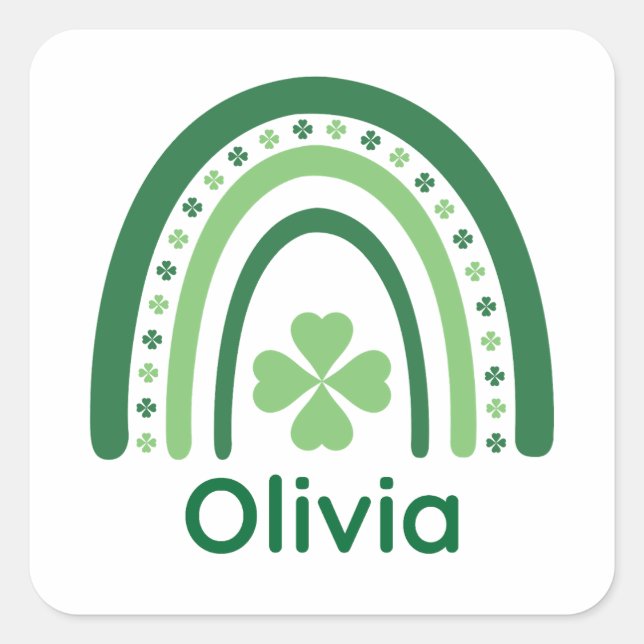 Pegatina Cuadrada Olivia Name Clover Boho Rainbow (Anverso)