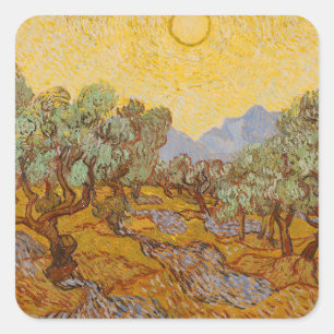 Pegatina Cuadrada Olivos de Van Gogh Cielo Sol Amarillo