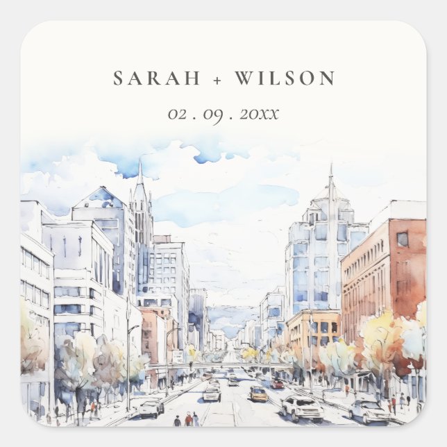Pegatina Cuadrada Omaha Nebraska Watercolor Landscape Wedding (Anverso)