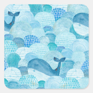 Pegatina Cuadrada Ondas, ballena, textura azul infantil