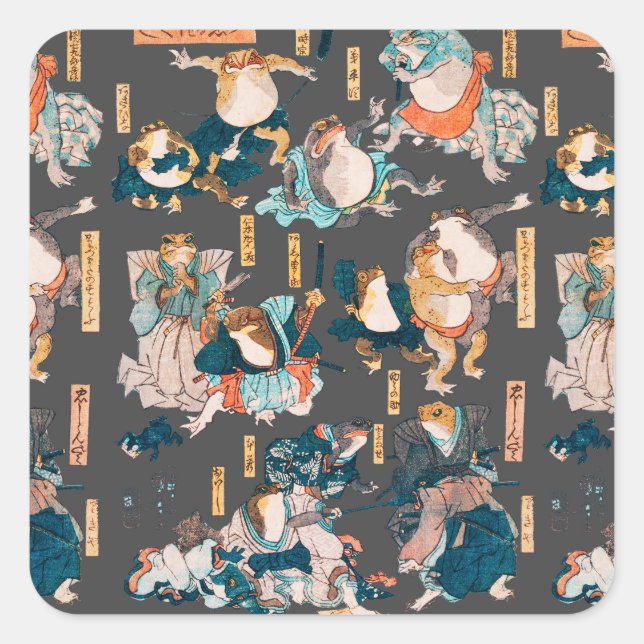 Pegatina Cuadrada Ondulaciones ukiyo-e de rana japonesa (Anverso)