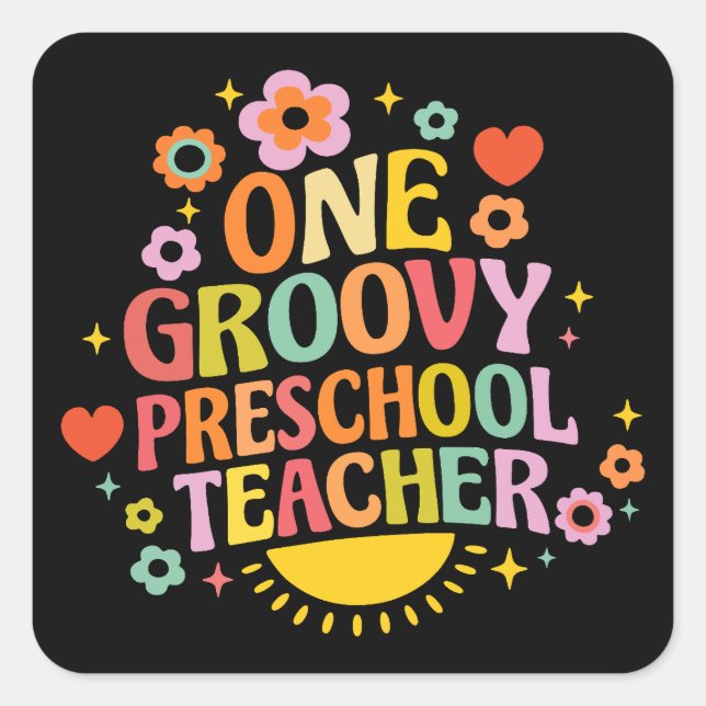 Pegatina Cuadrada One groovy preschool teacher (Anverso)