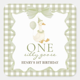 Pegatina Cuadrada One Silly Goose Gingham 1st Birthday Sticker