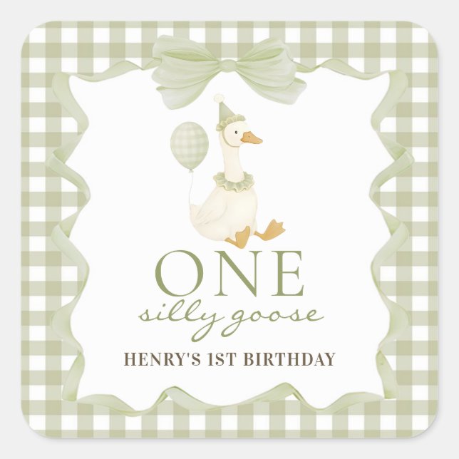 Pegatina Cuadrada One Silly Goose Gingham 1st Birthday Sticker (Anverso)