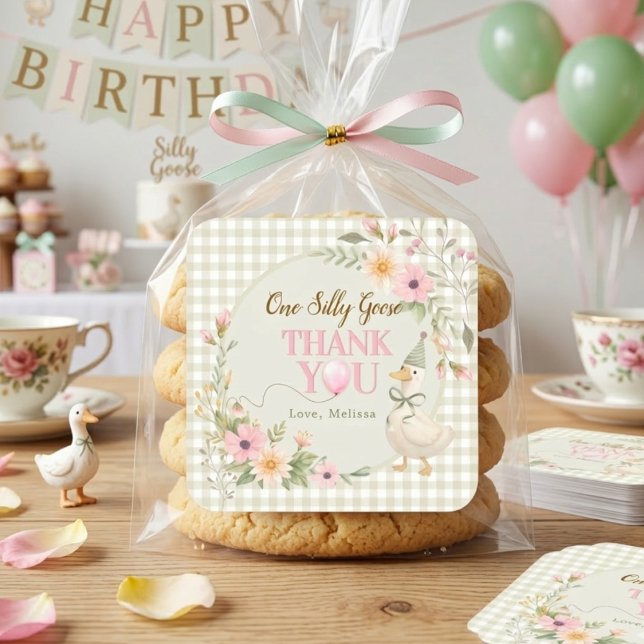 Pegatina Cuadrada One Silly Goose Gingham Floral Thank You (Subido por el creador)