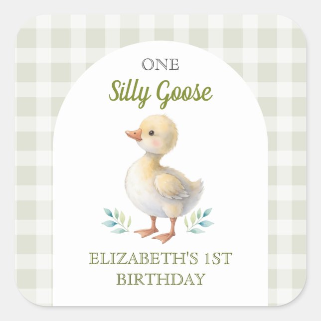 Pegatina Cuadrada One Silly Goose Green Gingham Baby First Birthday (Anverso)