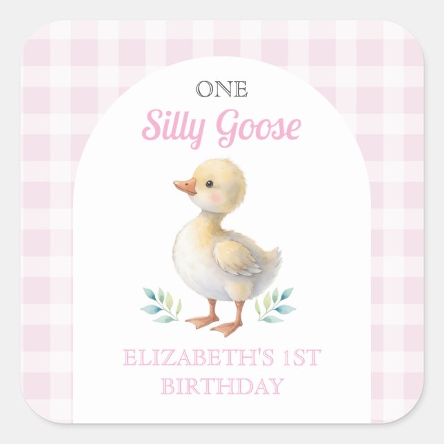 Pegatina Cuadrada One Silly Goose Pink Gingham Girl First Birthday (Anverso)