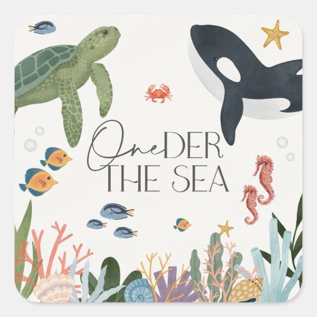 Pegatina Cuadrada Oneder The Sea First Birday Envelope Favor (Anverso)