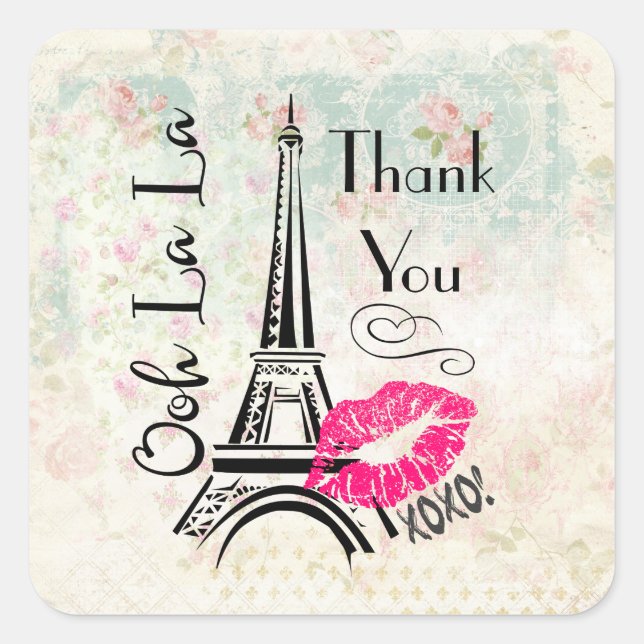 Pegatina Cuadrada Ooh La La Paris Eiffel Tower Gracias (Anverso)