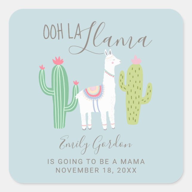 Pegatina Cuadrada Ooh La Llama Baby Shower Cute Blue Brown Simple (Anverso)