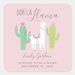 Pegatina Cuadrada Ooh La Llama Baby Shower Cute Rosa Marrón Simple
