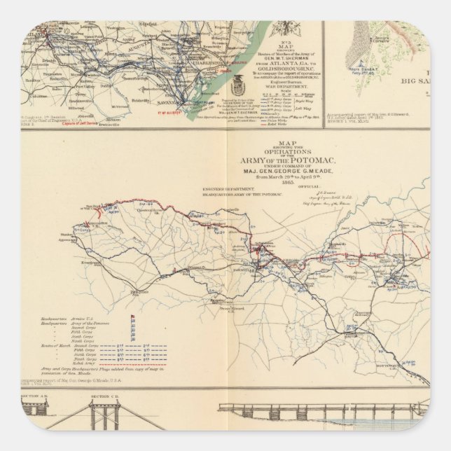 Pegatina Cuadrada Operaciones del Ejército Potomac (Anverso)