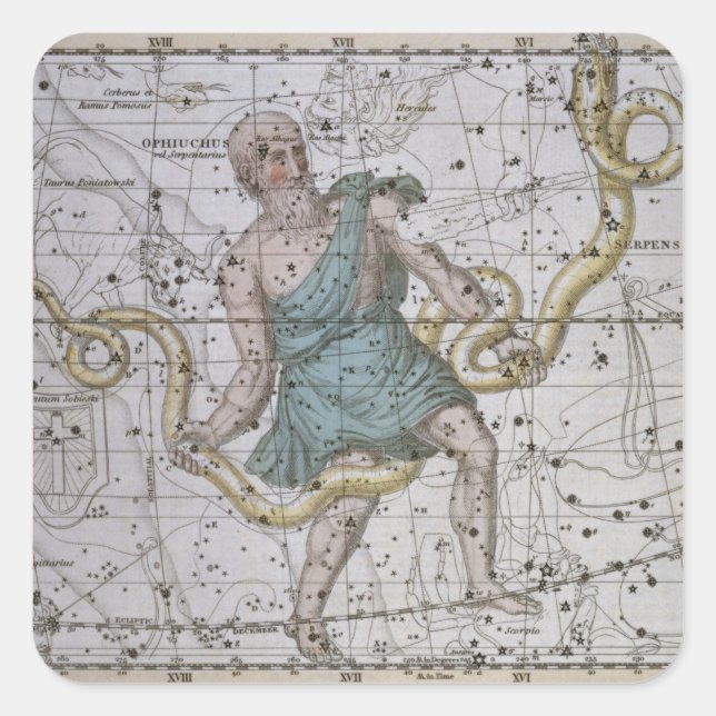Pegatina Cuadrada Ophiuchus o Serpentarius, de 'A Celestial Atlas' (Anverso)
