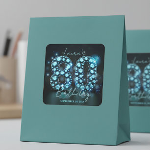 Pegatina Cuadrada Opulento Cumpleaños 80 Elegante Diamantes Azul Tur