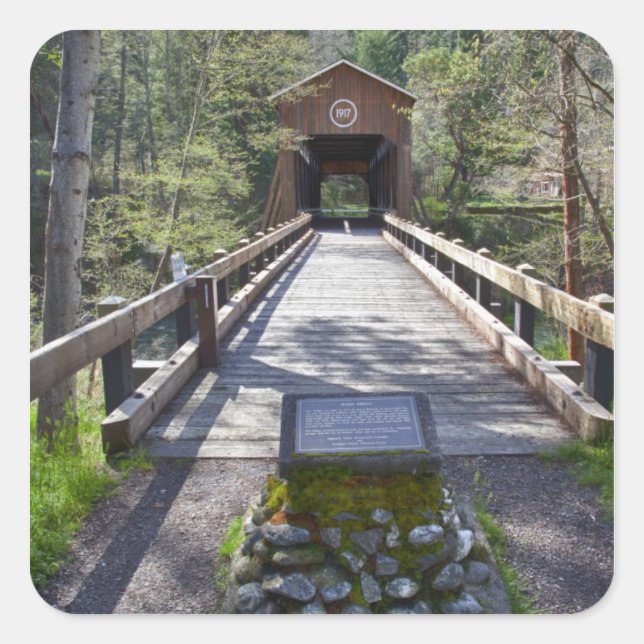 Pegatina Cuadrada OR, Condado de Jackson, McKee Covered Bridge (Anverso)