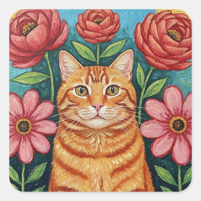 Pegatina Cuadrada Orange Cat Folk Art Flowers (Anverso)