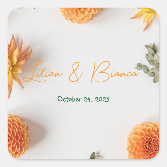 Pegatina Cuadrada Orange Dahlia Wedding Stickers – Warm Summer Flora (Anverso)