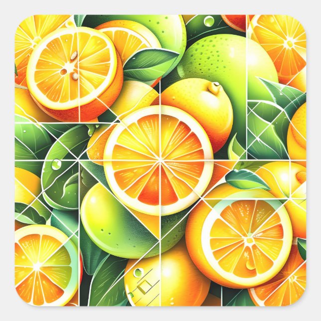 Pegatina Cuadrada Orange Lemon Botanical Citrus Geometric (Anverso)