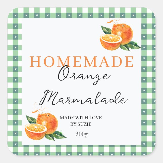 Pegatina Cuadrada Orange Marmalade Jar Label Personalized Gingham  (Anverso)