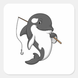 Pegatina Cuadrada Orca como pescador con barra de pesca