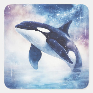 Pegatina Cuadrada Orca Estelar Deslizándose en el Cielo Nocturno