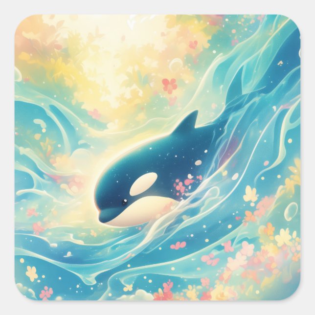 Pegatina Cuadrada Orca Guardiana de las Profundidades (Anverso)